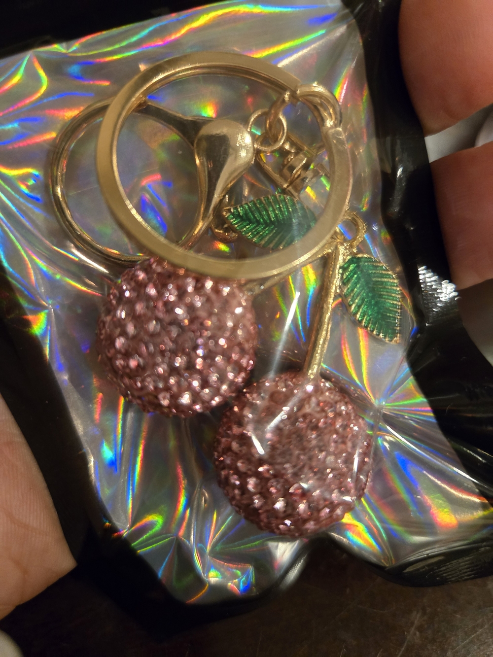 Gold Cherry Dangle Keychain - Pink Crystal Cherry Charm